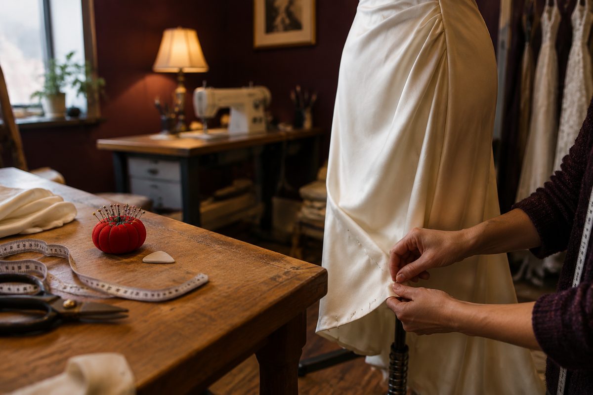 Hands pinning the hem of an ivory silk gown in the a&bé alterations workroom.