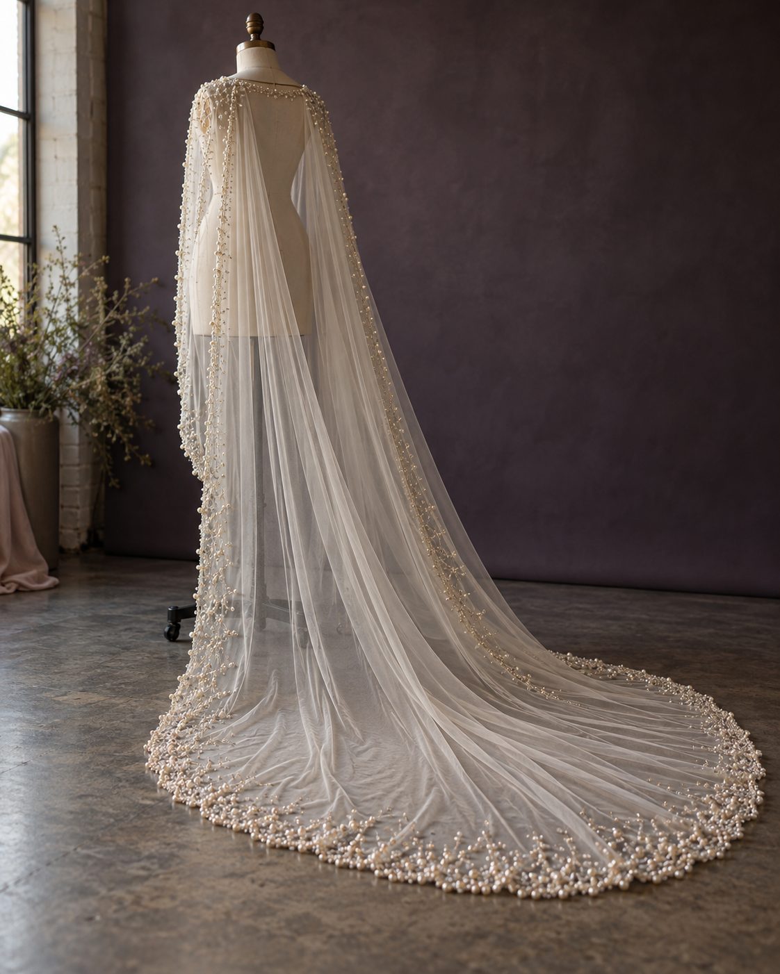 The Cathedral Cape: sheer tulle with a hand-beaded edge pooling on the floor.