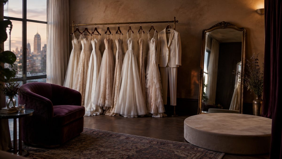 The a&bé fitting room: a brass rail of ivory gowns and a suit, a plum velvet chair and a tall mirror beside the fitting platform.