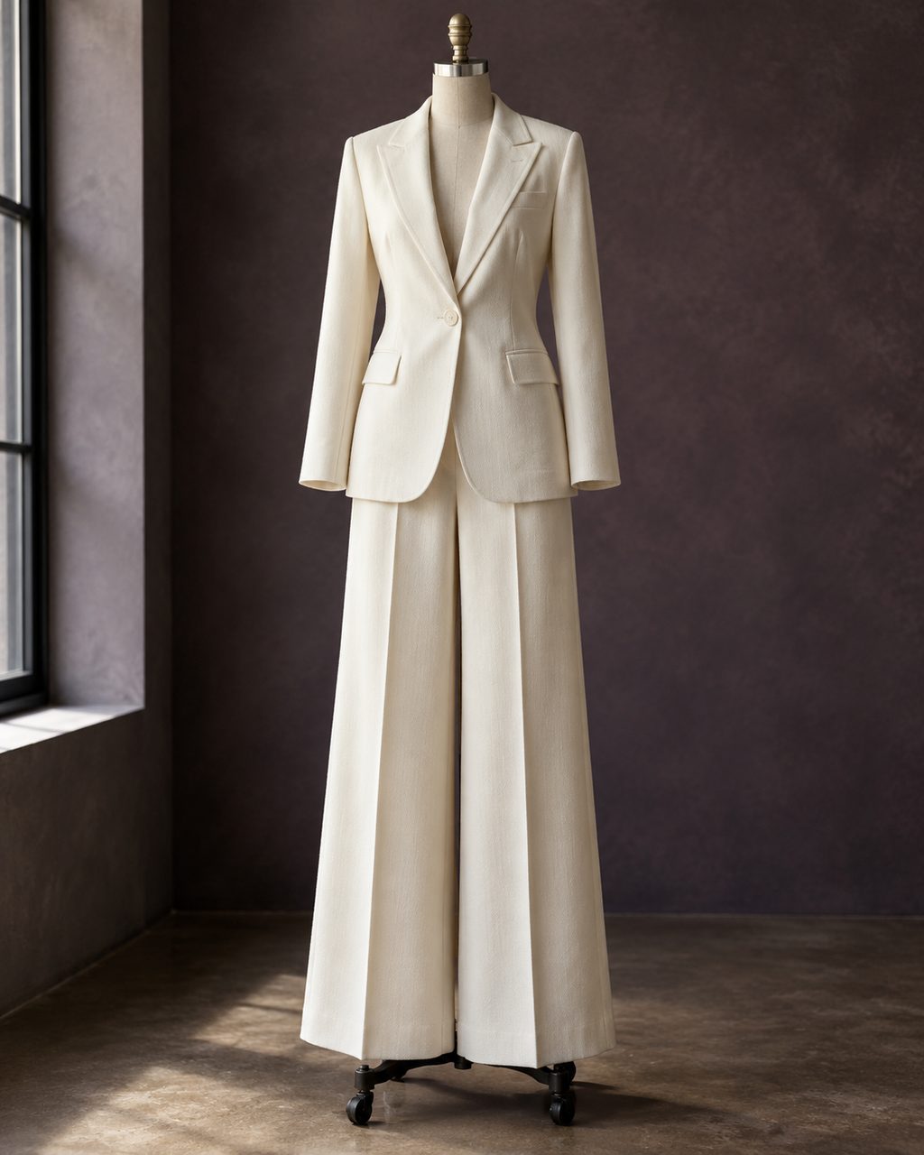 The Ivory Wool Suit: a single-breasted ivory wool jacket and wide trousers on a dress form.