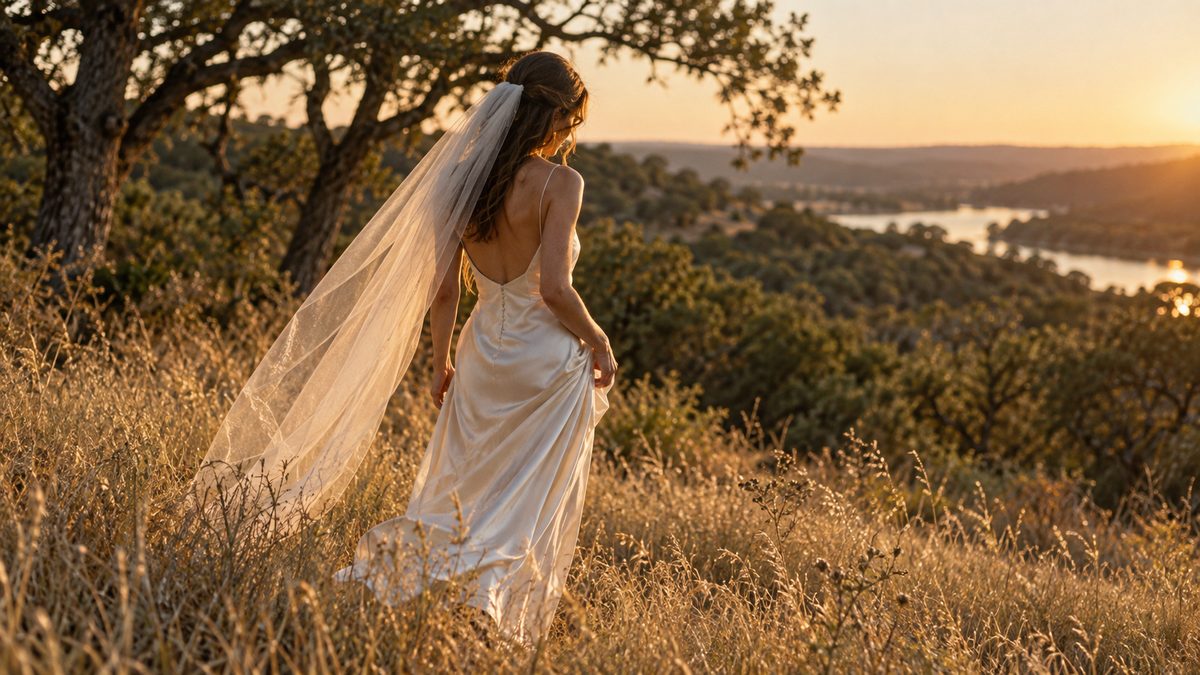 Someone in an ivory silk gown and veil walking through Hill Country grass at golden hour.